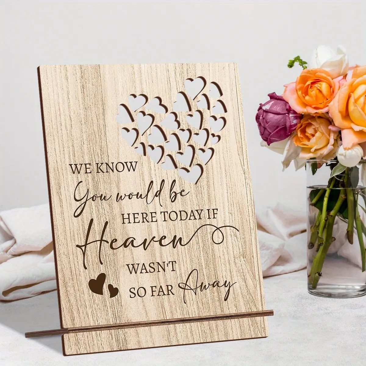 1set Wooden Memorial Table Sign - We know you would be here today if Heaven wasn't so far away- Vintage Heart Shaped Hollow Wooden Memorial Gift, Wedding Memorial Rustic Table Sign, Thanksgiving Christmas New Year Valentine's Day Decoration