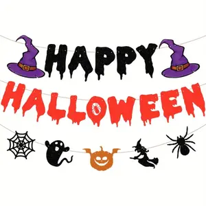 3pcs Happy Halloween Banner And Bat Halloween Garland Bat Wall Decals, Happy Halloween Party Decorations Halloween Party Banner For Haunted Houses Home Indoor Mantle Decor,Christmas
