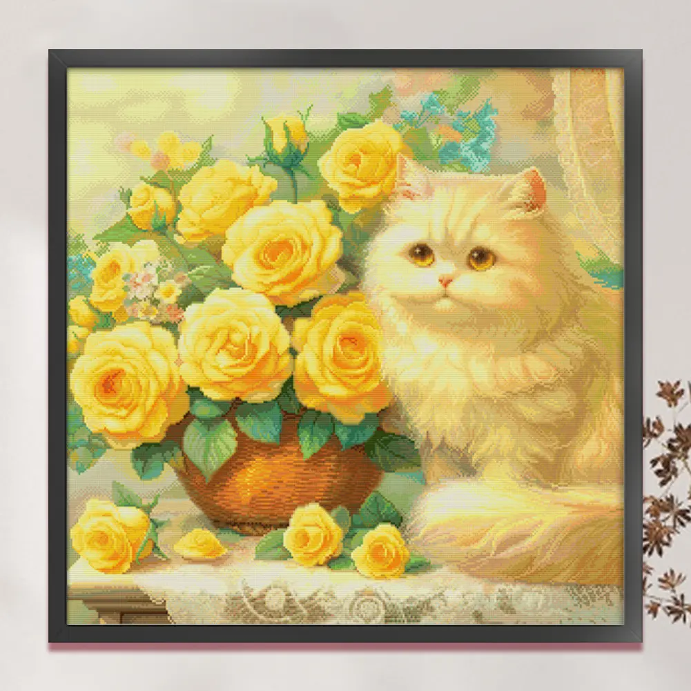 14CT Cat Printed Cotton Fabric Cross Stitch Kit - 61x61cm Manual DIY Needlework Craft for Adults, 2 Embroidery Needles, Guide Graphic, Home Decor Gift for Loved Ones (Toys & Hobbies, Pleasant Time, Sense of Accomplishment)