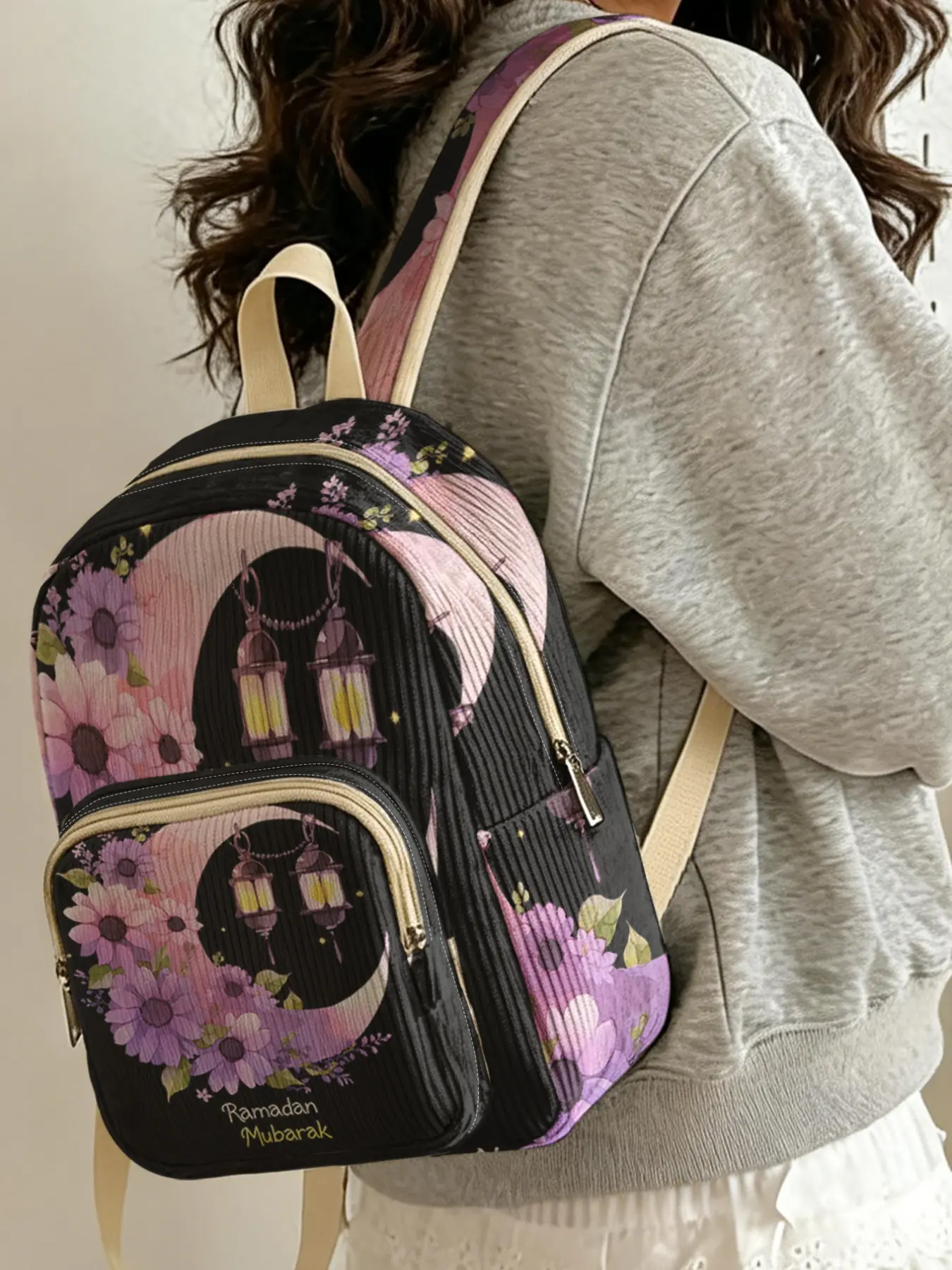 1 piece of crescent moon floral 'Ramadan blessings' 2D printed ladies' backpack, Casual backpack, velvet texture + layered storage + lightweight, perfect for students to go to class/shopping, combines atmosphere with practicality