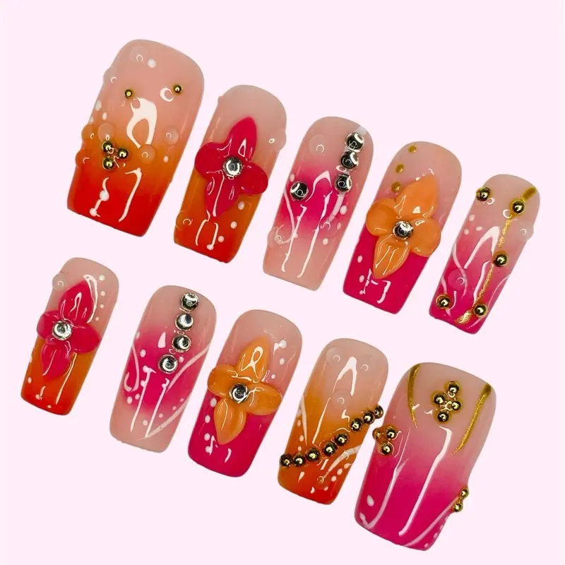 Nail Queendom [HOT GIRL SUNSET] Handcrafted 3D Press-On Nails Reusables Long Lasting Salon Quality Easy Application 10 Pieces Set Eco-Friendly 3D-gel Finish