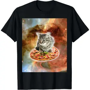 Galaxy Kitty Cat Riding Pizza In Space T-Shirt