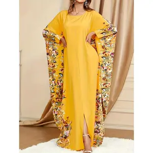 [Print Kaftan Abaya Crew Neck] Floral Print Crew Neck Kaftan Abaya, Elegant Batwing Sleeve Split Maxi Dress, Women's Clothing