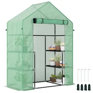 Outsunny 5' x 2.5' x 6.5' Mini Walk-in Greenhouse Kit, Portable Green House with 3 Tier Shelves, Roll-Up Door, and Weatherized PE Cover for Backyard Garden