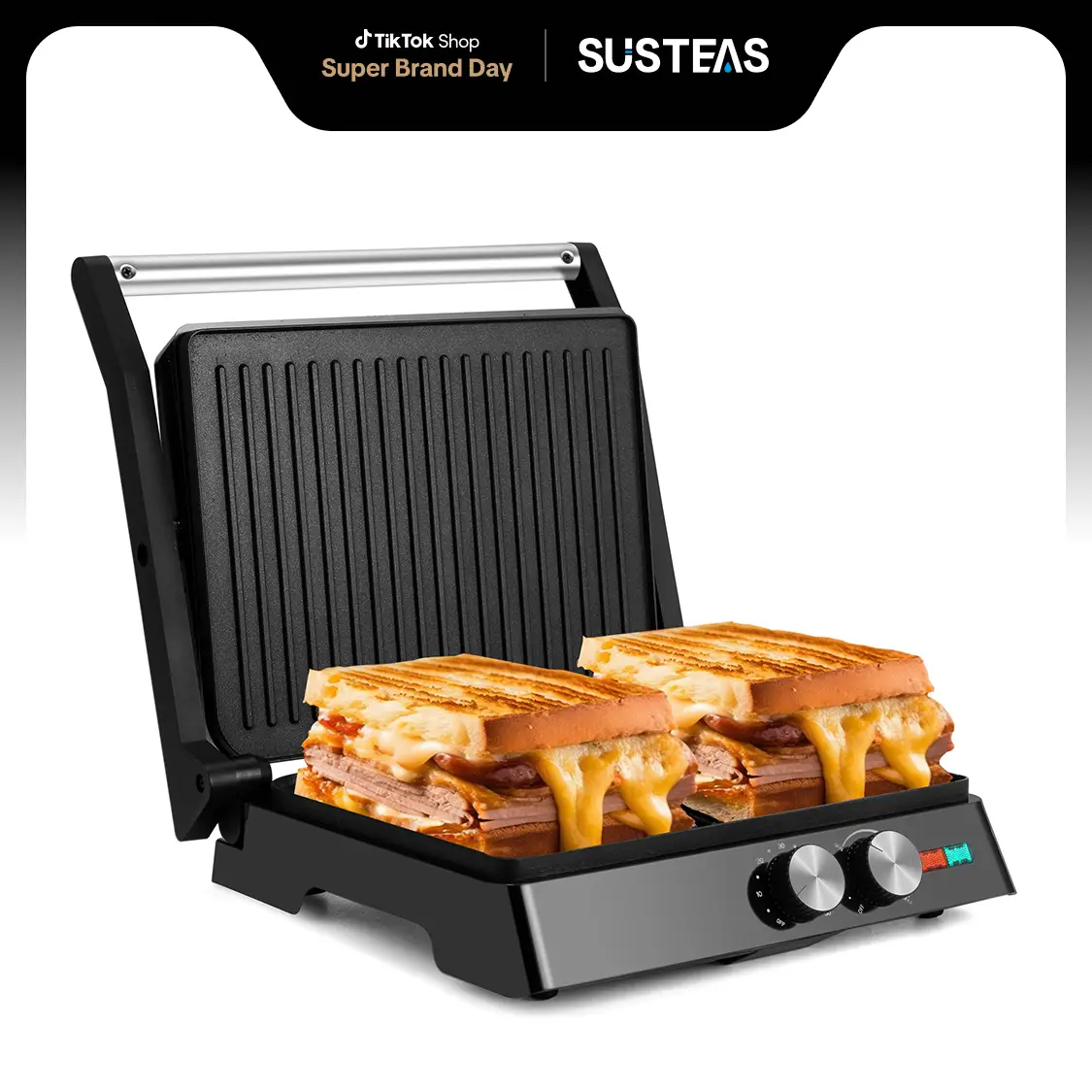 SUSTEAS Indoor Electric Grill -Panini Grill with Non-Stick Cooking Plate, Gourmet Grill with 180 Degrees of Adjustability, with Grease Collection Tray