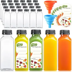 24 PACK, 12 OZ Reusable Plastic Juice Bottles with Caps, Plus 24 Labels & 2 Silicone Funnels - Clear Juicing Bottles for Juice, Smoothies, Ginger, Tea, Coffee - Food Grade & Leakproof Travel Bottles