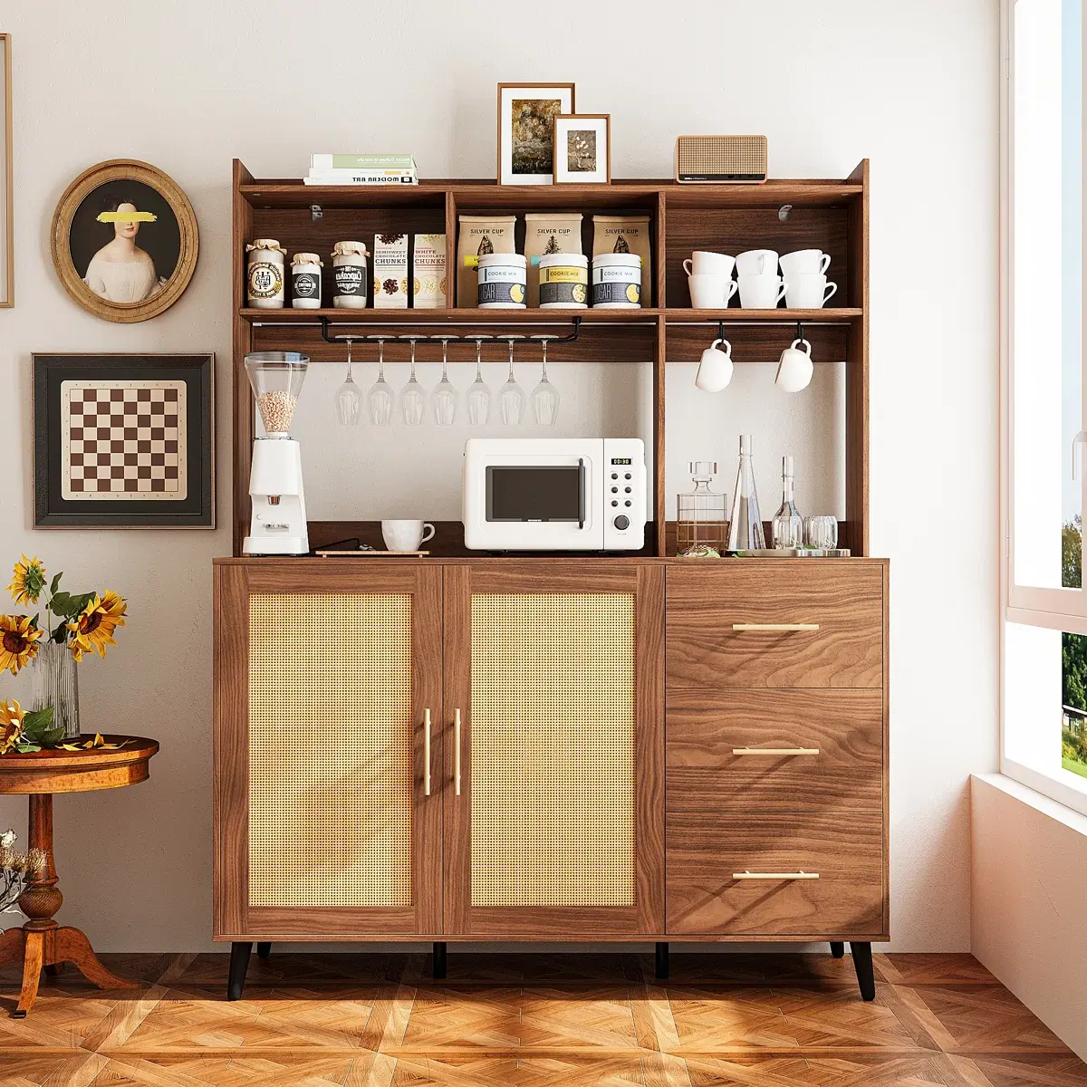 IRONCK Mid-Century Rattan Freestanding Cupboard (61"H×47.2"W) - Modern Sideboard Storage Cabinet, Coffee Bar Station with LED Light, Charging Station, Microwave Shelf, 14-Bottle Wine Rack, Adjustable Shelves for Dining Room, Kitchen