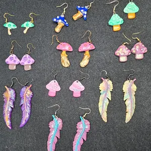 Women's Boho Chic Polymer Clay Dangle Earrings - Mushroom, Feather Decorative Accents, Mode Fashion Female Earrings for Women you pick