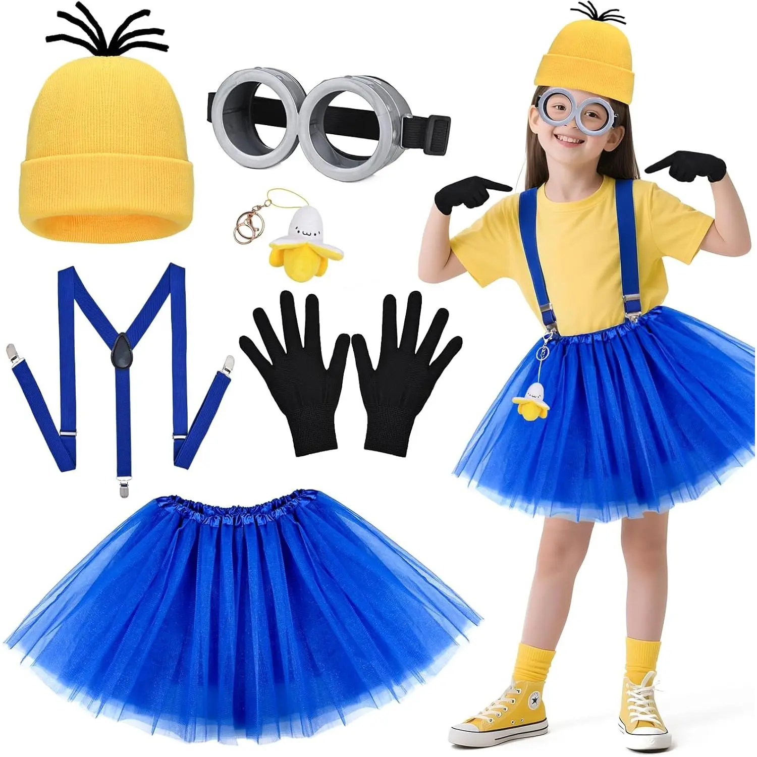 Girls Halloween Costume Set - Durable Material, Tulle Tutu Skirt, Knit Hat, Goggles, Straps, Black Gloves, Poncho Dress, Banana Doll & Accessories for Kids Party Cosplay