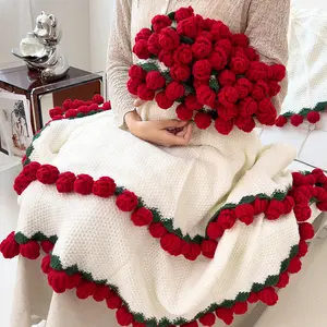 Women's Day Crochet Flower Bouquet Rose Blanket 2-in-1 Handmade 3D Knitting Round Design 31-62 inch for Mother’s Day Birthdays Anniversary Gifts