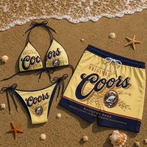 Coors Banquet Beer Inspired Couple Swimwear – Triangle Bikini with Tie-Side Bottoms for Women and Matching Men’s Swim Shorts, Vintage Yellow American Style Design for Beach, Pool Parties, and Summer Vacation 32A
