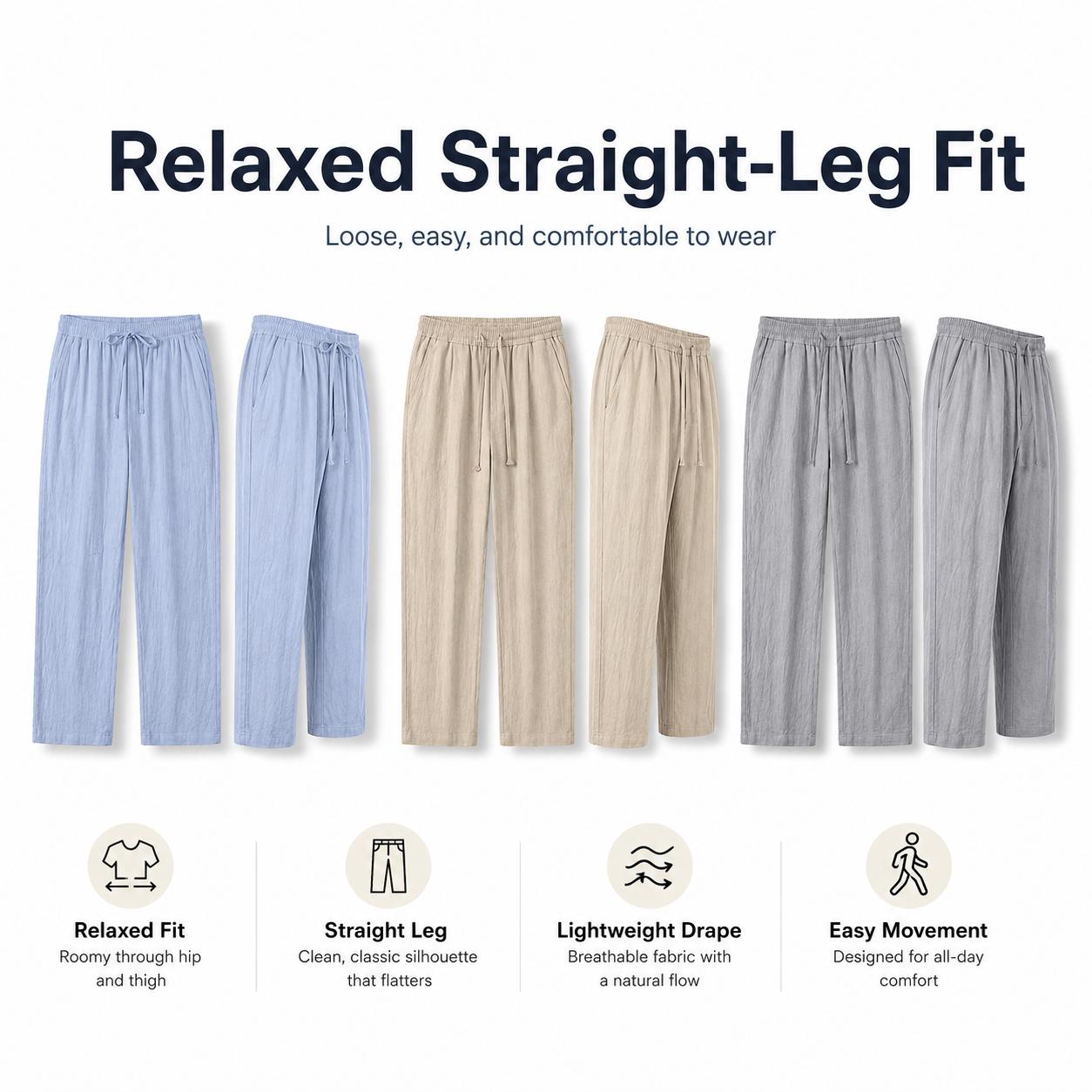 3-pack men’s 100% cotton casual pants: lightweight drawstring pants, breathable straight sleep pants with pockets—suitable for everyday wear, sports, leisure, and outdoor beach activities.