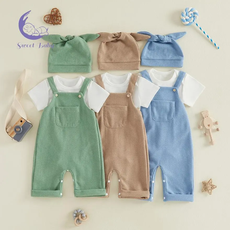 Baby Girls Clothing 3-Piece Summer Gift Set - Solid Short-Sleeve Round Neck Romper, Suspender Pants, Hat