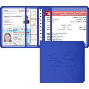 Car Insurance and Registration Holder, 5.5 x 5 Inch PU Leather Vehicle Glove Box Organizer Wallet Case for Insurance Card, Driver License, Paperwork - Blue