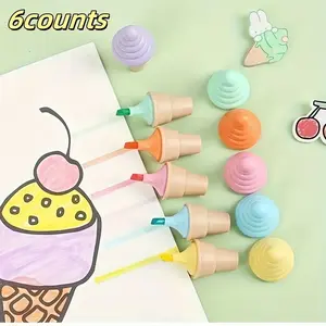 Portable Mini Fluorescent Pens Set, Ice Cream Shape Highlighters, Hand Account & Craft Art Supplies, 6 Pieces, No Battery Needed, Artistic Stationery