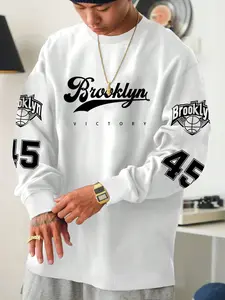 Men's Letter Number Pattern Fleece Lined Round Neck Pullover Sweatshirt, Fall & Winter Casual Fit, Versatile Top