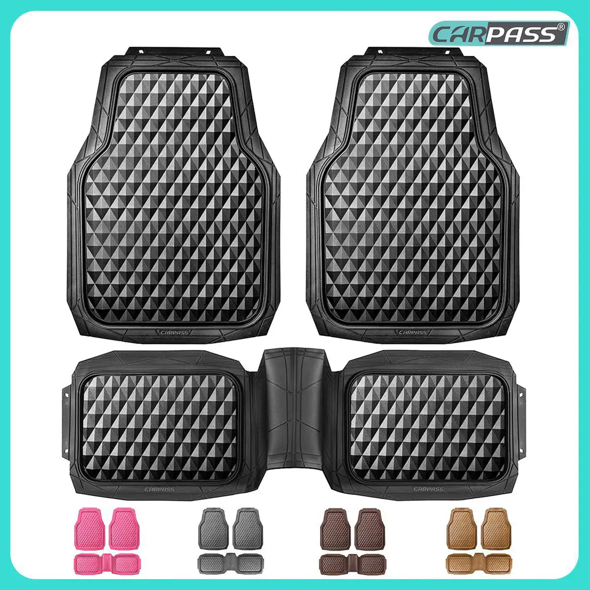 CAR PASS 3pcs Heavy Duty Rubber Car Mats, Deep Dish All-Weather Floor Mat for Car Full Set Durable Anti-Slip 3D Rhombus Waterproof Trim to fit Liner U