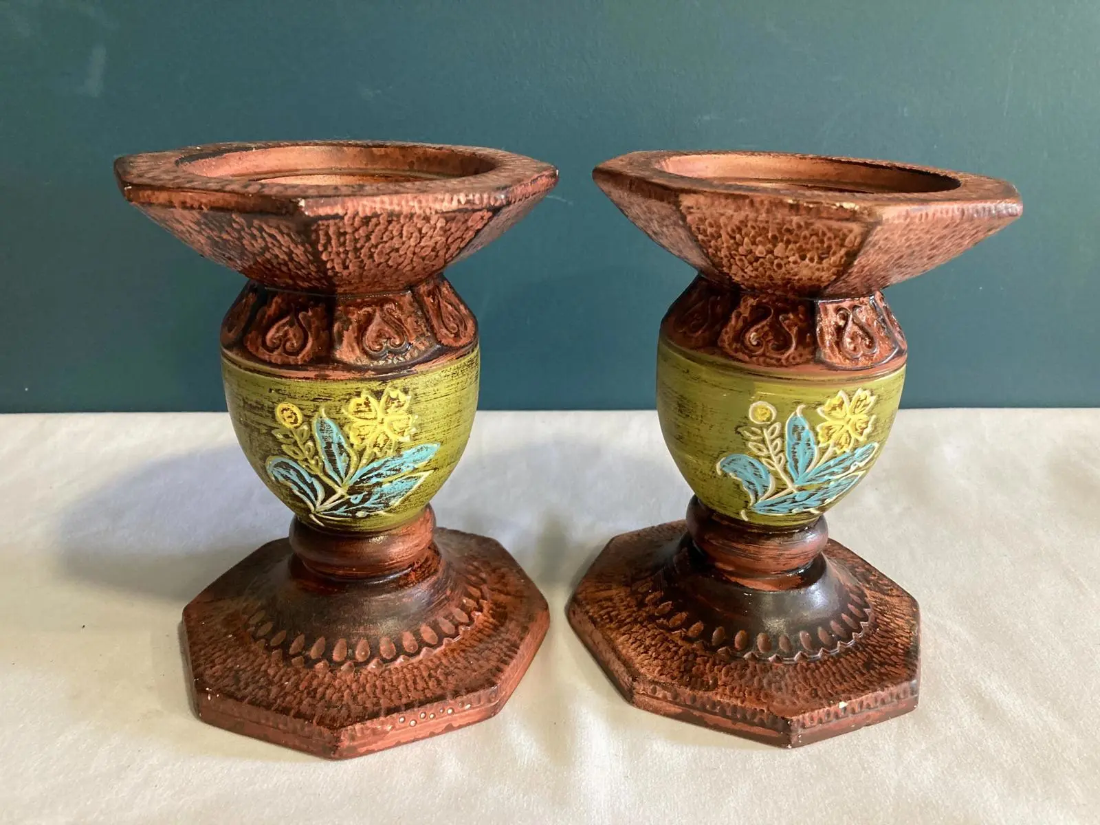 Vintage Hand-Painted Ceramic Candleholders – Brown with Green & Floral Design – Pair