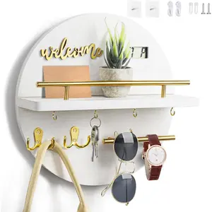 Round Wooden Rustic Wall Mount Key and Mail Holder Organizer for Entryway Mudroom Hallway Kitchen Office Home Decor (White)