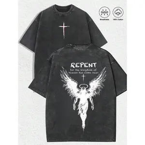 Washed T-shirt Repent Vintage Washed Oversized Christian T-Shirt, Angel Wings Faith Graphic Tee, "Kingdom of Heaven Has Come Near" Gospel Streetwear Top, Heavy Cotton Unisex Retro Worship Shirt