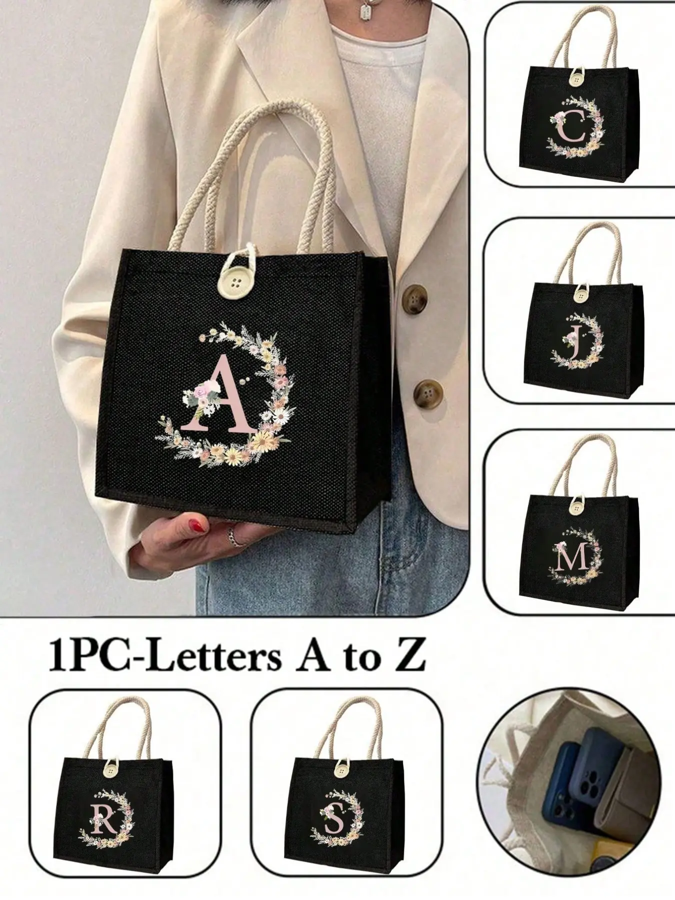 Simple Letter Print Canvas Bag, Monogram Tote Bag, Multi-Functional Teacher Handbag, Women's Gift, Graduation Gift, Reusable Shopping Bag, Daily Use, Travel Essential, Stylish Bag