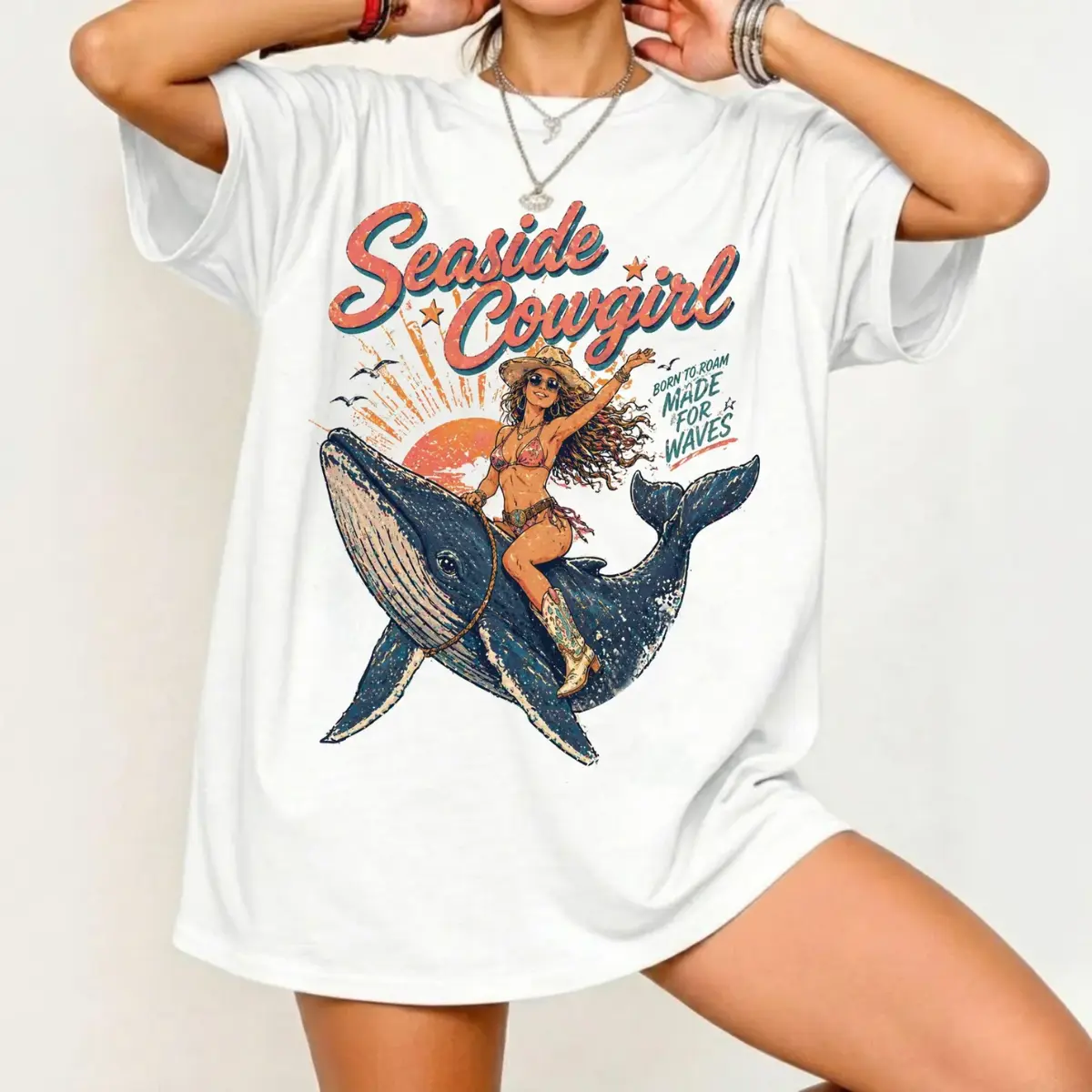Seaside Cowgirl Comfort Colors Shirt, Coastal Cowgirl Graphic Tee, Beach Cowgirl Summer T-Shirt, Western Beach Vibes Shirt, Whale Riding Cowgirl Tee, Country Girl Summer Outfit, Coastal Cowgirl Aesthetic Apparel