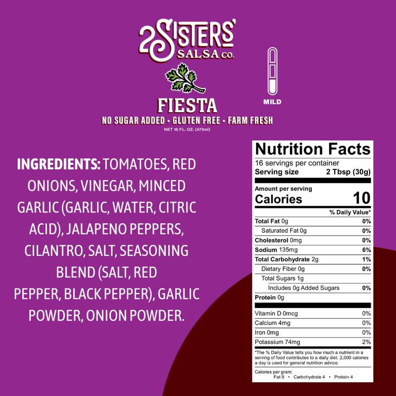 2 Sisters' Salsa Company Premium Fiesta Salsa - Gluten-Free, No Sugar Added, Antioxidant-Rich, Low-Carb Flavor Booster for Everyday Dishes