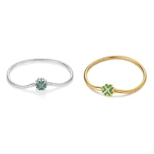 MULA 925 Silver-plated Four-Leaf Clover Snake Bracelet – 14K Gold-Plated Lucky Green Cubic Zirconia Clasp, Compatible with Pandora Charms and Pendants, a Lucky Jewelry Gift for Women.