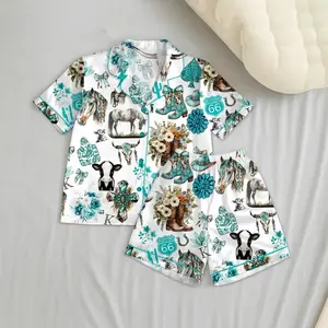Western Cowgirl Pajama Set, Cowgirl Aesthetic Pajama Satin Set Turquoise Horses, Boots & Cactus Satin Pajamas