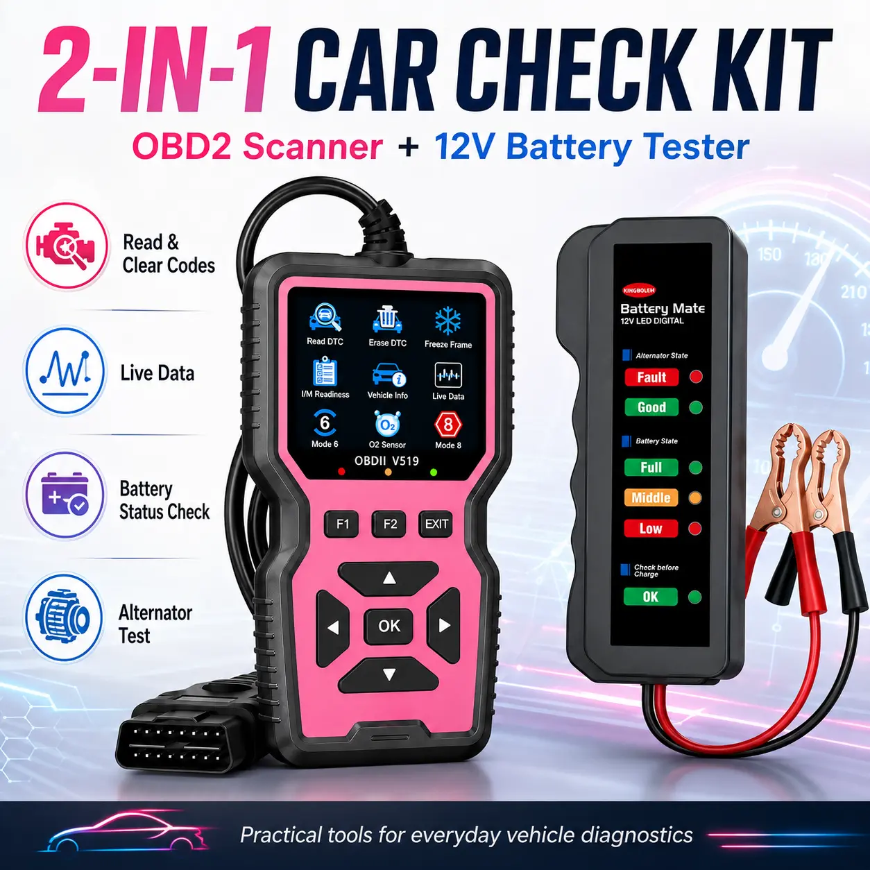2-in-1 Car Diagnostic Combo Kit – OBD2 Scanner & 12V Battery Tester – Engine Fault Code Reader, Live Data, I/M Readiness, Alternator & Battery Health Check Tool for Most OBDII/EOBD 12V Vehicles