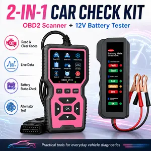 2-in-1 Car Diagnostic Combo Kit – OBD2 Scanner & 12V Battery Tester – Engine Fault Code Reader, Live Data, I/M Readiness, Alternator & Battery Health Check Tool for Most OBDII/EOBD 12V Vehicles