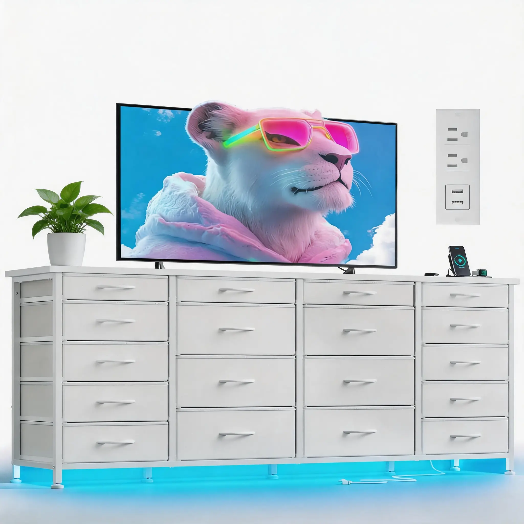 RaybeeFurniture 63"W TV Stand for Bedroom with LED Light & Power Outlets, Long White Dresser for Bedroom with 18 Deep Drawers for 65 70 75 inch TV, Fabric Entertainment Media Center for Living Room Entryway Hallway Closet, Easy to Assemble