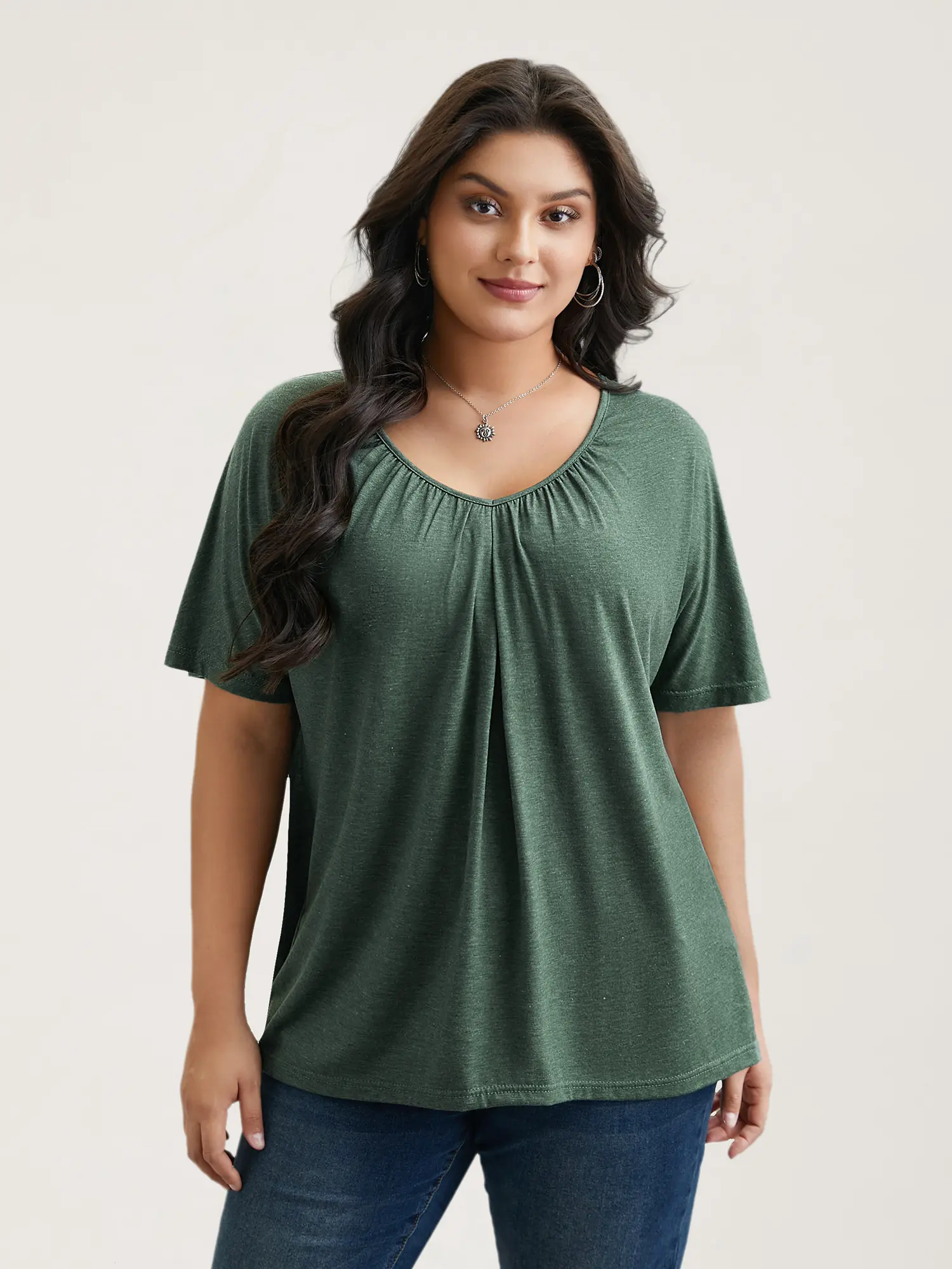 BLOOMCHIC Plus-Size Minimalist Pleated Short-Sleeve Knit Blouse - Spandex Fabric, Arm Freedom Design, 1x-6x Sizes, 2026 Summer Women's Tops & Clothes,Summerfinds