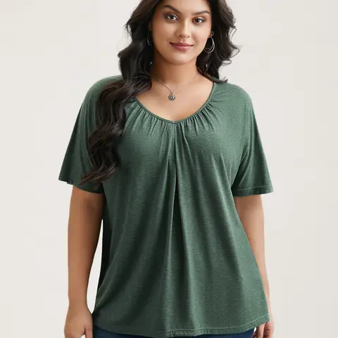 BloomChic Pleated Plain Half-Sleeve Knit Top 【M-6XL】