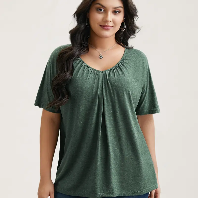 BloomChic Pleated Plain Half-Sleeve Knit Top 【M-6XL】