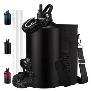 128oz Insulated Water Bottle with Straw - Spout Lids, Paracord Handle, Shoulder Carrier Bag,Bottle Sleeve with Strap, Paracord Handle, 32oz Flask Purple Metal Water Canteen, Stainless Steel Water Jug for Sports Gym Woman Girls