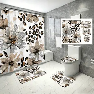 4pcs Leopard Print Floral Bathroom Set, Neutral Tone Shower Curtain Rug Toilet Lid,The floor mat fabric is thicker and softer!  Fashionable Bathroom Decoration Accessories Bath Decor for Summer Valentine Easter Mother's Day