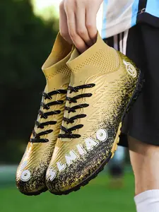 Men's Colorblock Letter Pattern High Top Football Shoes, Breathable & Non-slip Football Shoes, Professional Rubber Outsole & PU Upper Soccer Shoes Football Cleats