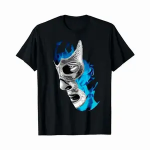 Mex-Art Demon Blue Lucha Libre Mexican Wrestler Graphic T-Shirt (Mens) -  soft breathable regular fit casual tee with vibrant mask print, double needle seams, machine washable, sizes S-3XL, wrestling t-shirt, everyday wear top, durable fabric s YE9