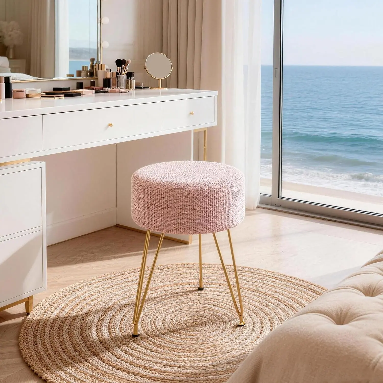 Velvet Upholstered Vanity Stool - Multifunctional Footstool for Bedroom, Bathroom Vanity, Easy-Clean Soft Fabric Round Ottoman Chair for Indoor Furniture Use, Multifunctional Stool