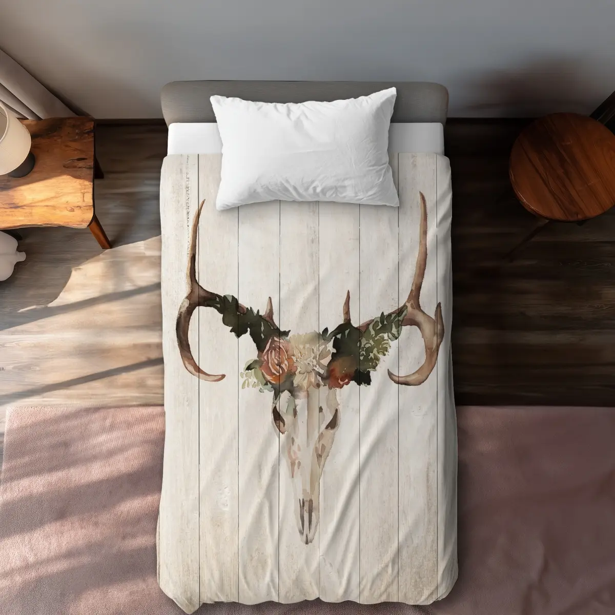 Begin Home Decor C1DCTXLWICHP5T Twin Extra Long Mule Deer Skull with Roses Duvet Cover - Wildlife Home Decor