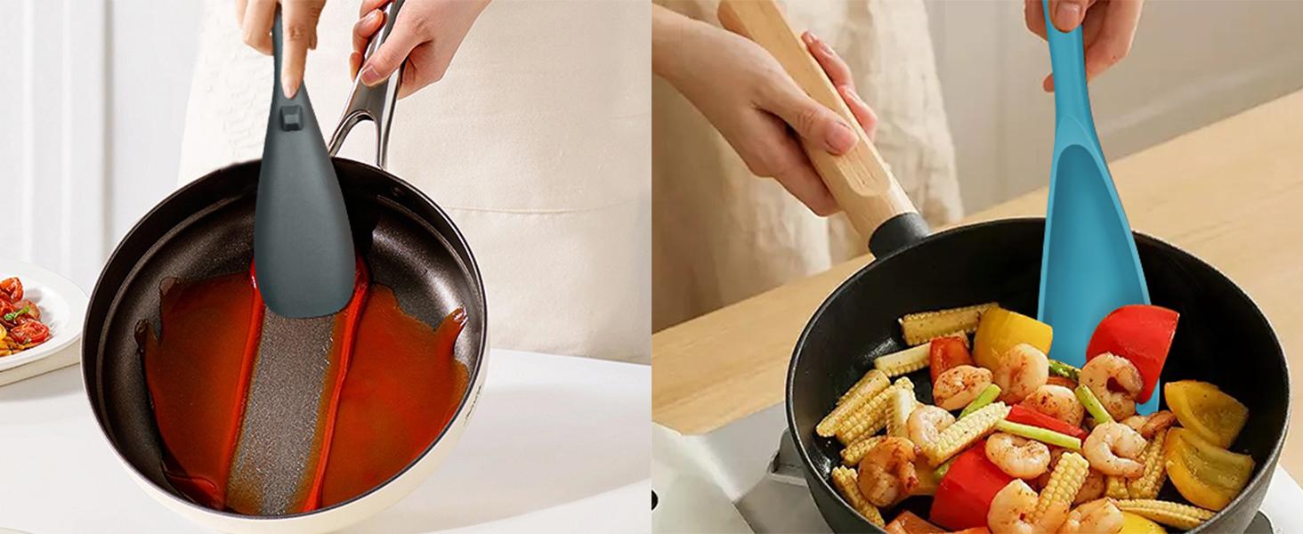 两把装烹饪勺，适用于不粘锅，多功能铲勺，不含双酚A，一体式设计，适合舀取、刮取、盛取和搅拌。