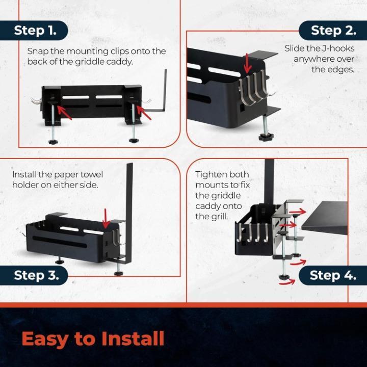 Heavy Duty Griddle Caddy for Blackstone & Prep Cart, Side Shelf Organizer with Paper Towel Holder, Space Saving BBQ Grill Accessory Storage Box with 6 J-Hooks