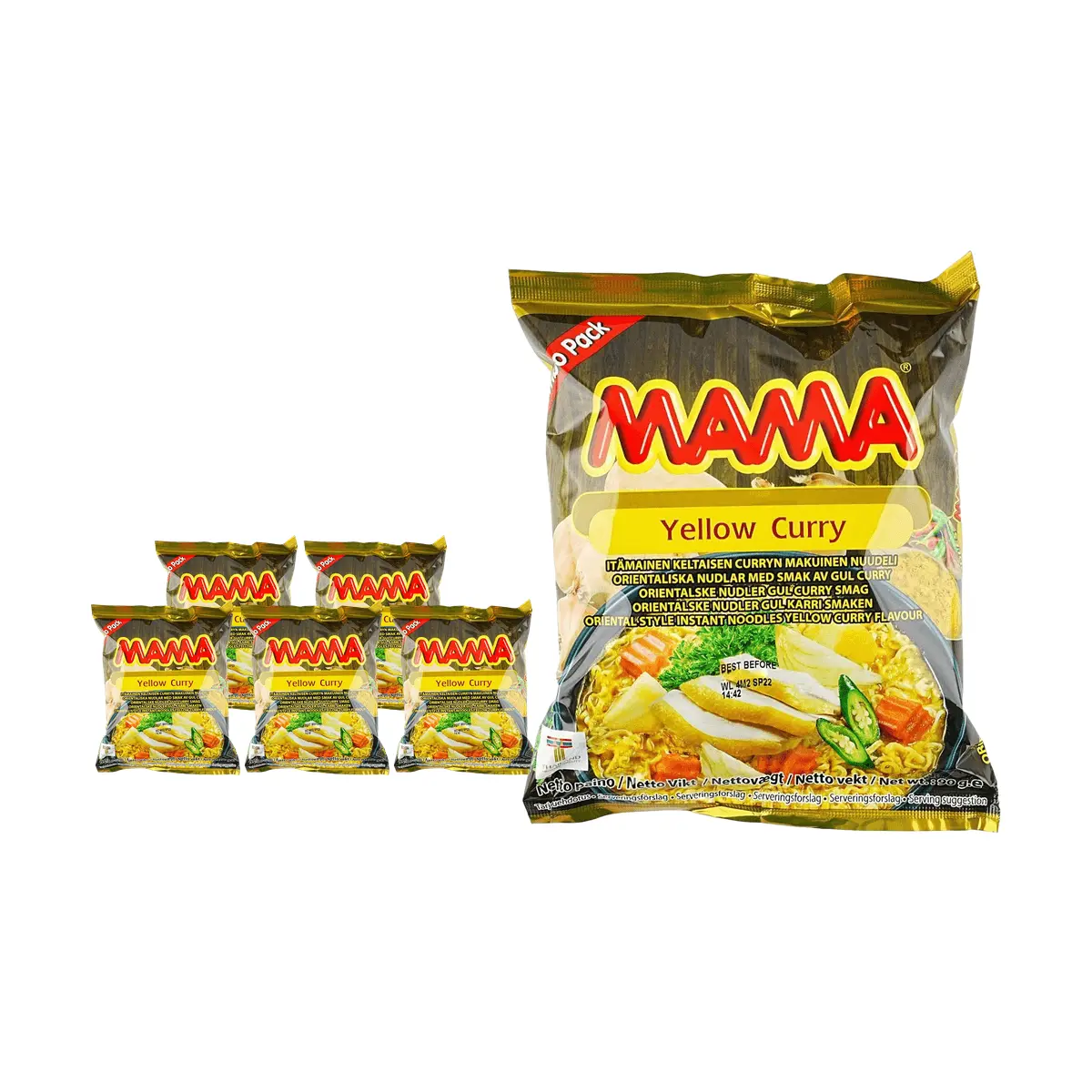 MAMA Instant Noodles Yellow Curry Flavor - 6 Pack (90g Each) - Authentic Thai Classic Spicy Ramen