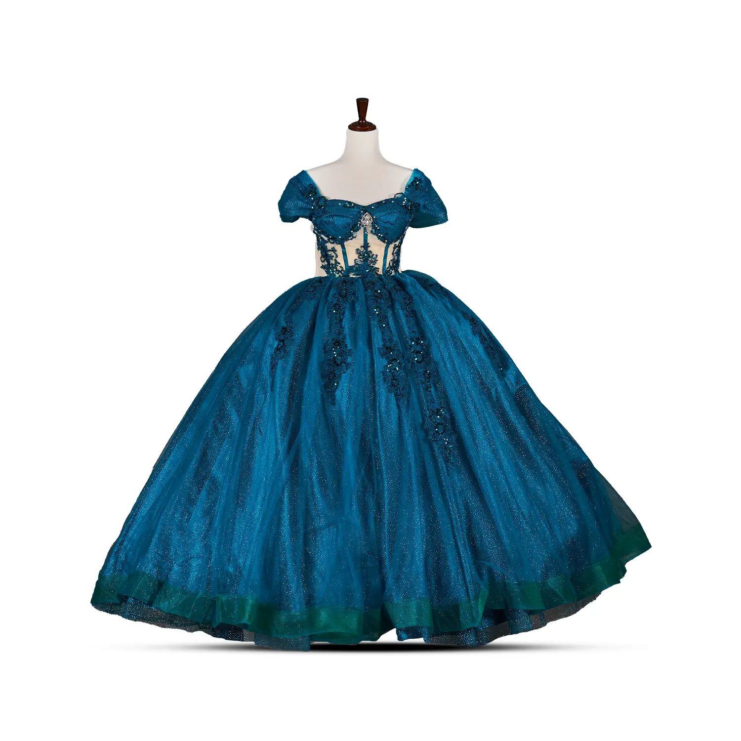 Kelly Dark Green – Off-Shoulder Crystal Beaded Ball Gown with Lace Details