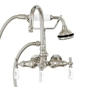 Polished Nickel Bathroom Wall Mount Gooseneck Clawfoot Tub Faucet with Handshower