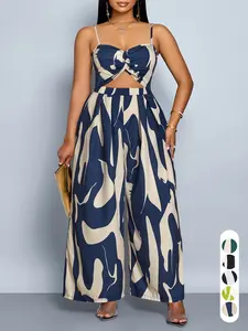 Summer Women's Fashion Vacation Party Lightweight Jumpsuit, Thin Strap High Waist All over Print Straight Leg, Plus Size Casual Elegant Ladies' Romper