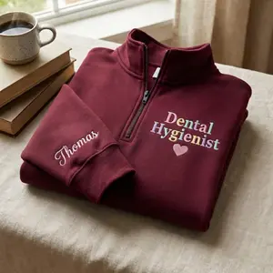 [MADE IN US] Personalized Embroidered Dental Hygienist Quarter Zip Sweatshirt, Dental Staff Sweatshirt, Dentist Office Gift, Therapist Gift
