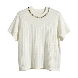 Beaded Neckline Cable Knit Top | Short Sleeve, Loose Fit, 60% Wool & Cashmere Blend (Grey/White/Black)