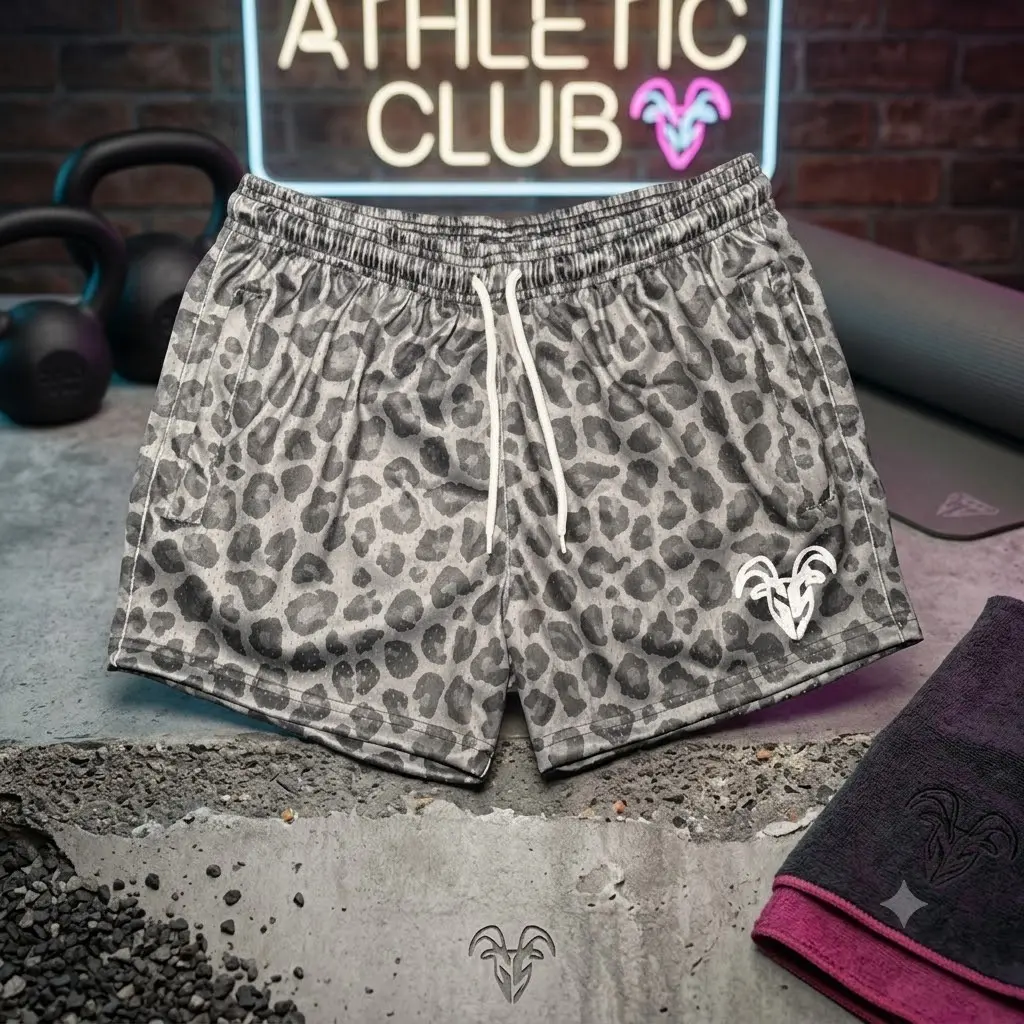 GOAT Safari Grey Leopard Mesh Shorts Snow Leopard & Cheetah Spot All-Over Print with White Devil Ram Logo Loose Fit Gym Athletic Casual Unisex Streetwear Workout All Season Breathable Comfortable Summer Short Quick Dry Short